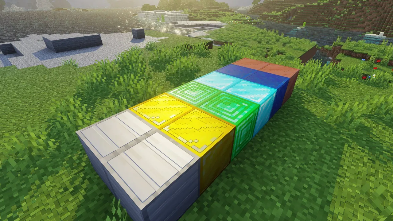 Lunac Shaders 3D shader: Colorful blocks on grassy field