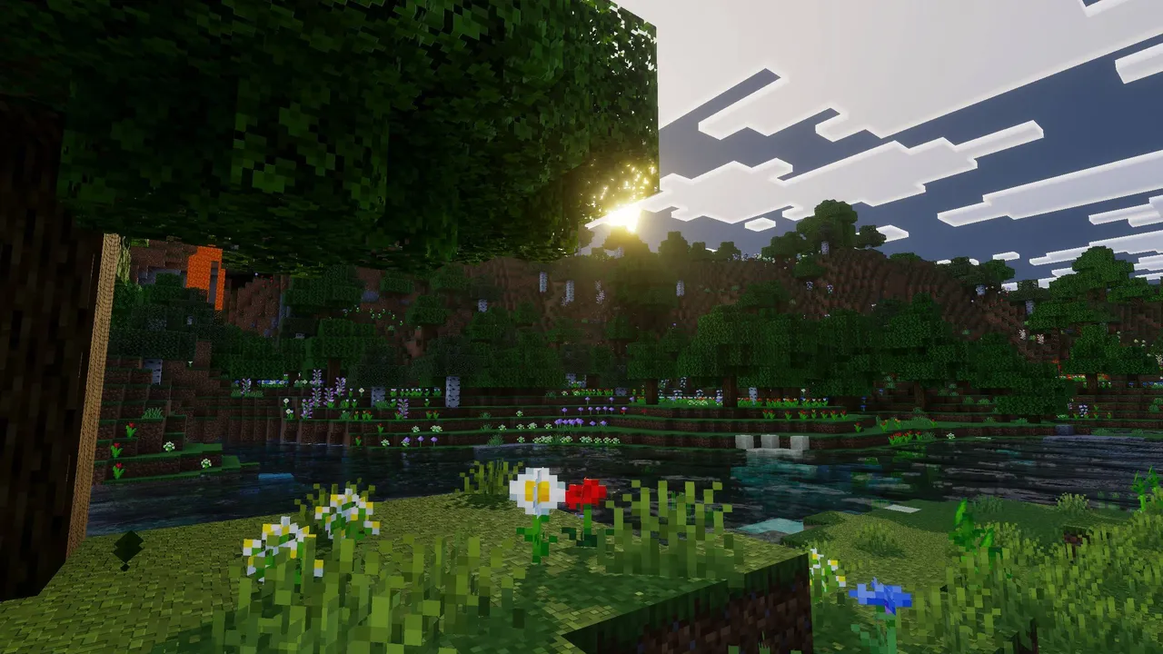 Lunac Shaders 3D shader: Sunset over a grassy hill with flowers and water