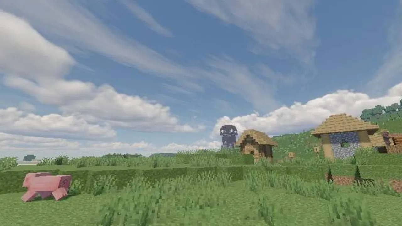 Mirai shader: Big soft clouds over grassy hills with houses