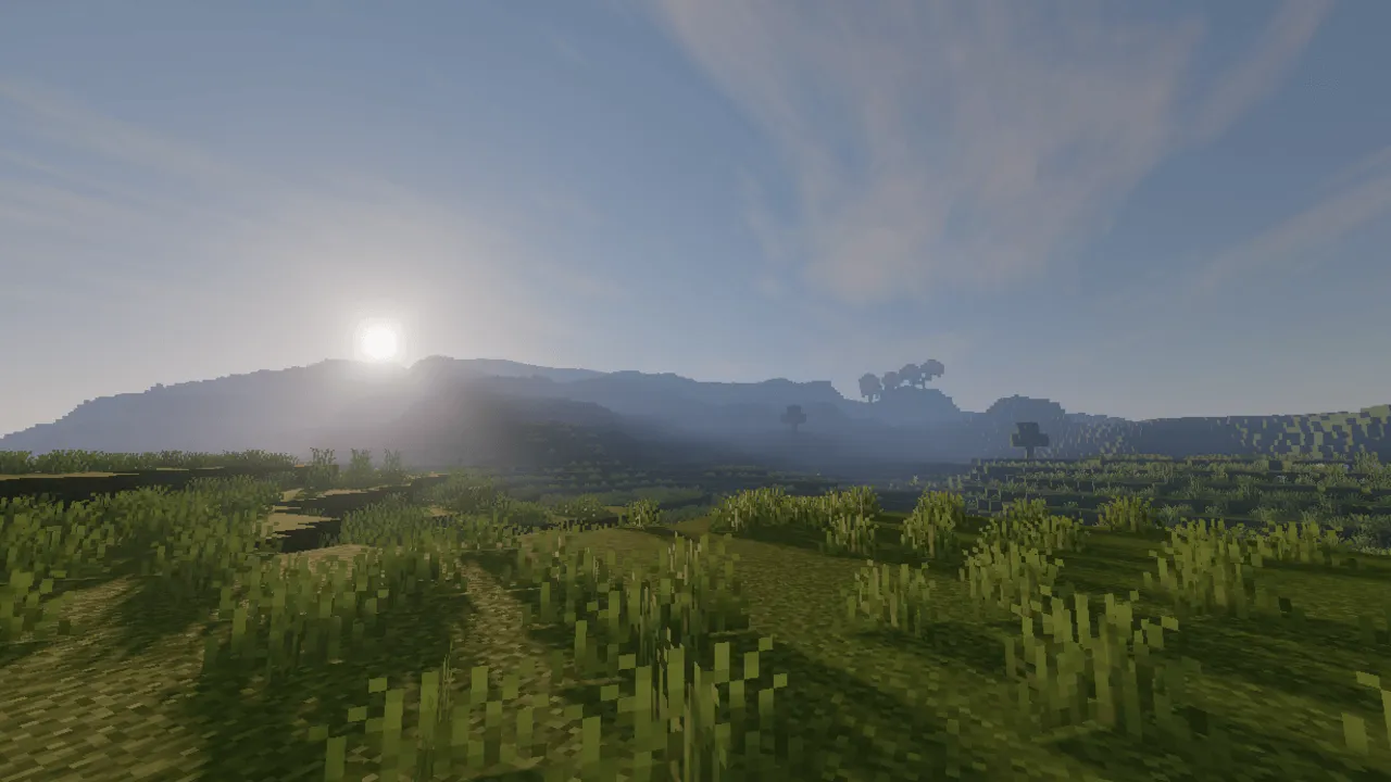Mirai shader: Sun over grassy hills with soft clouds