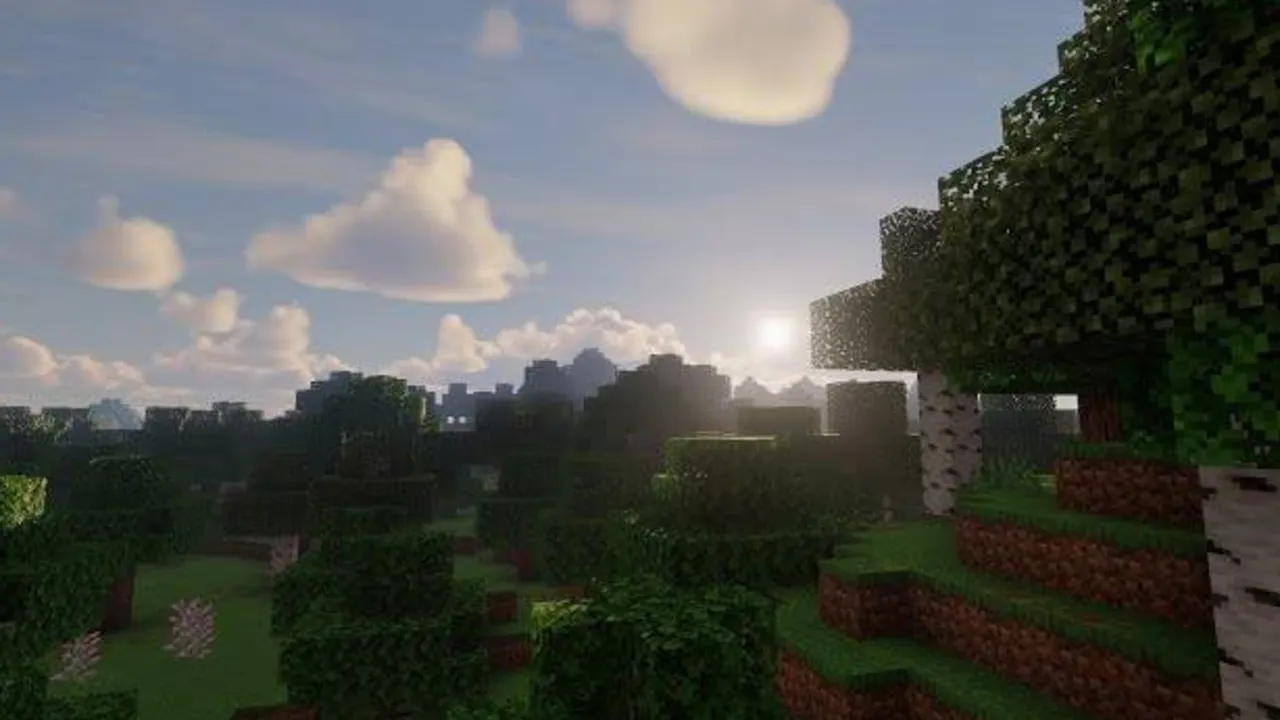 Mirai shader: Sunset over forest with big clouds