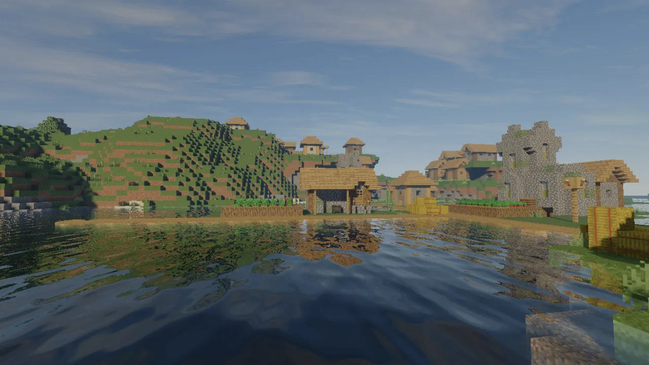 Mirai shader for Minecraft PE: Village by water with big clouds