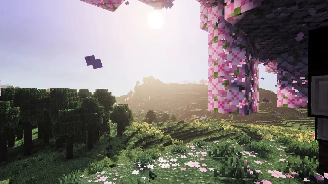 Mysteriel Fantasy Visuals shader: Sunlight through pink pillars over green field