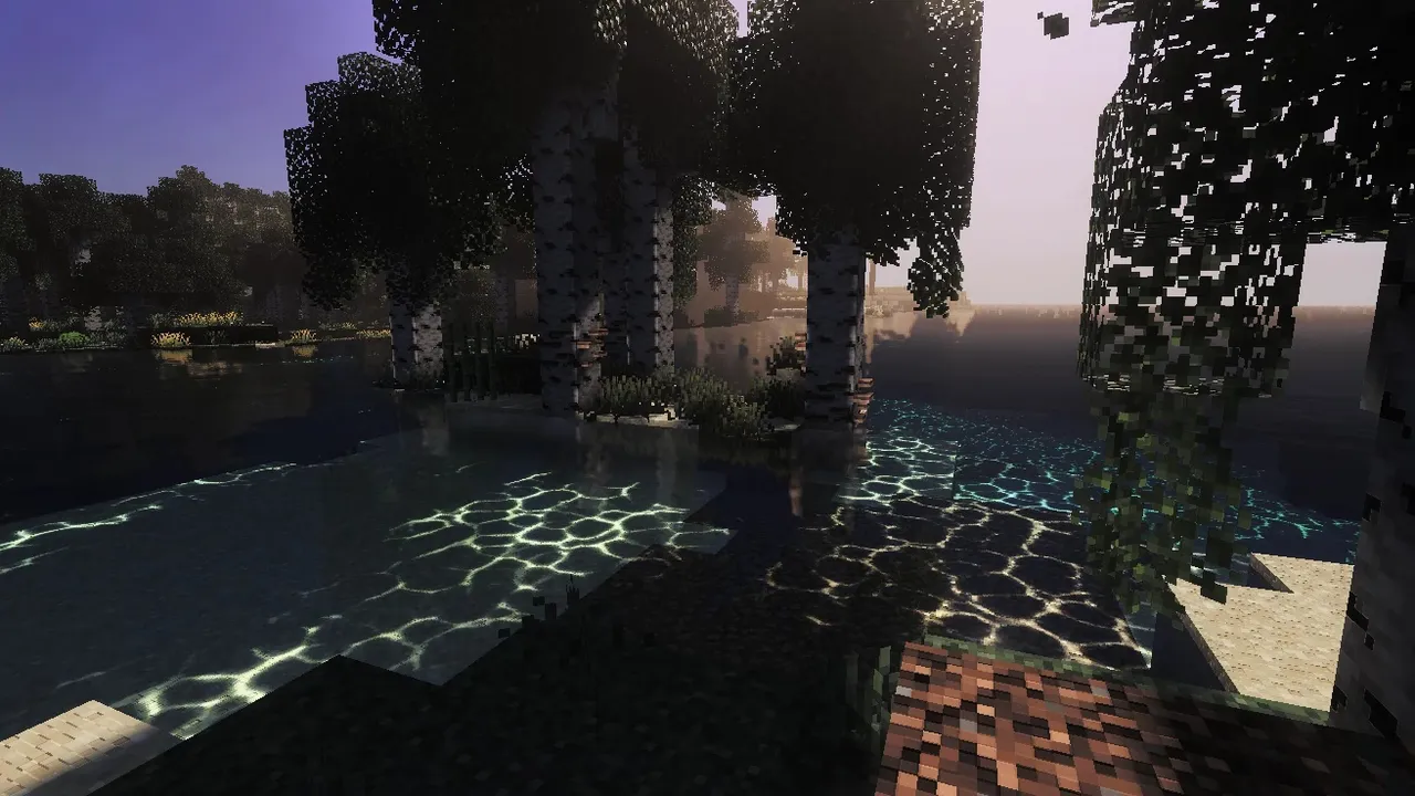 Mysteriel Fantasy Visuals shader: Water with light patterns and trees