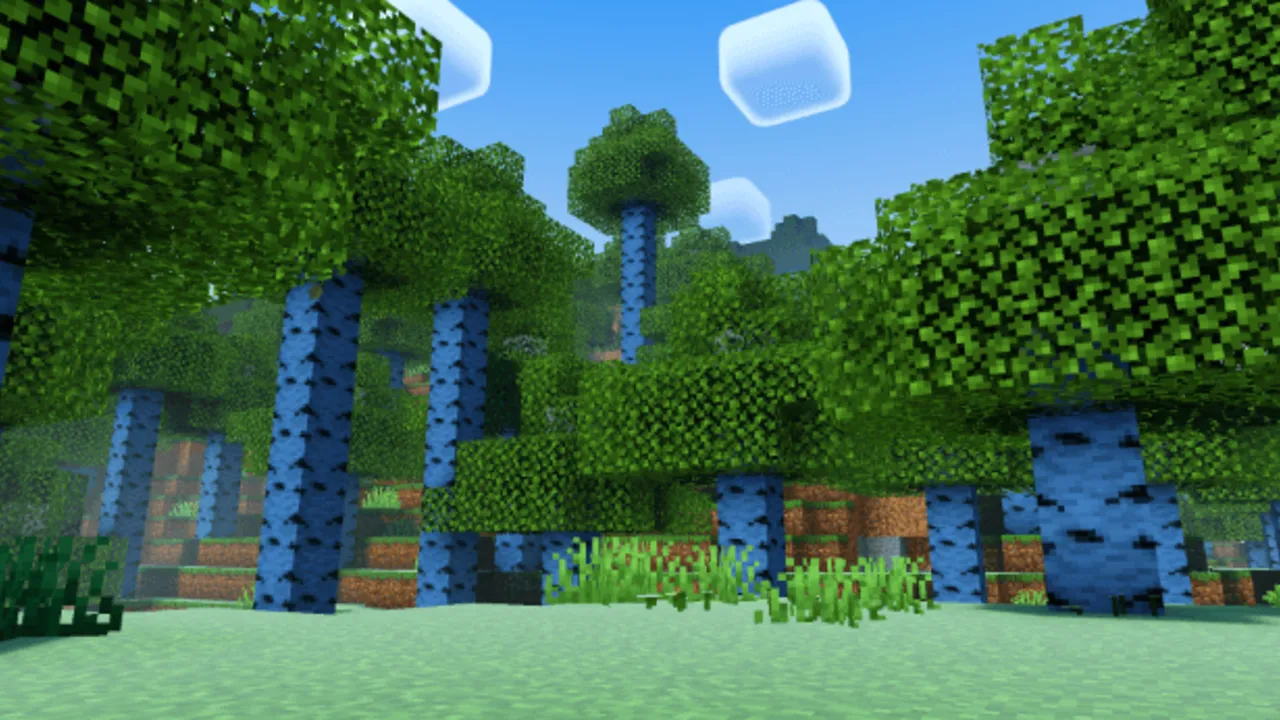 Newb X Dawn Shader: Trees with blue trunks in a forest