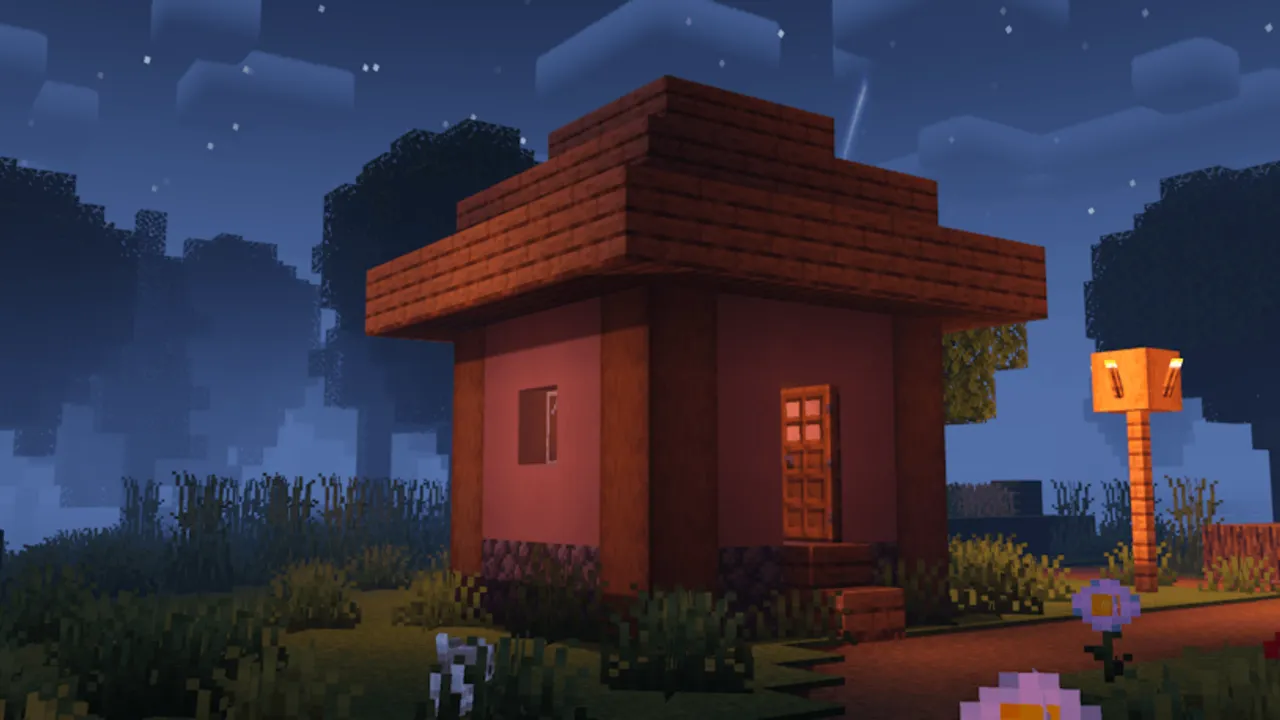 Newb X Dragon Shader: Night scene with glowing house and stars