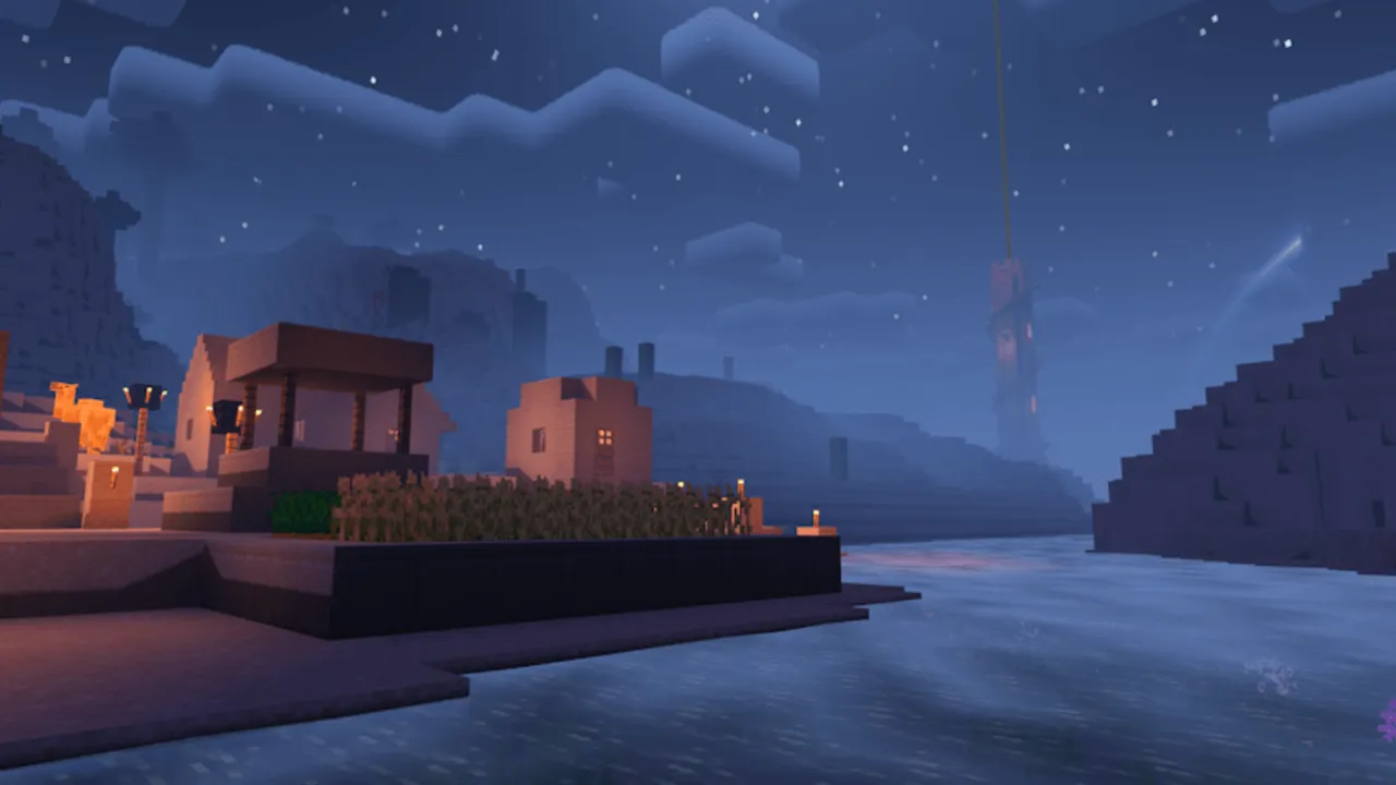 Newb X Dragon Shader: Night scene with glowing houses and water