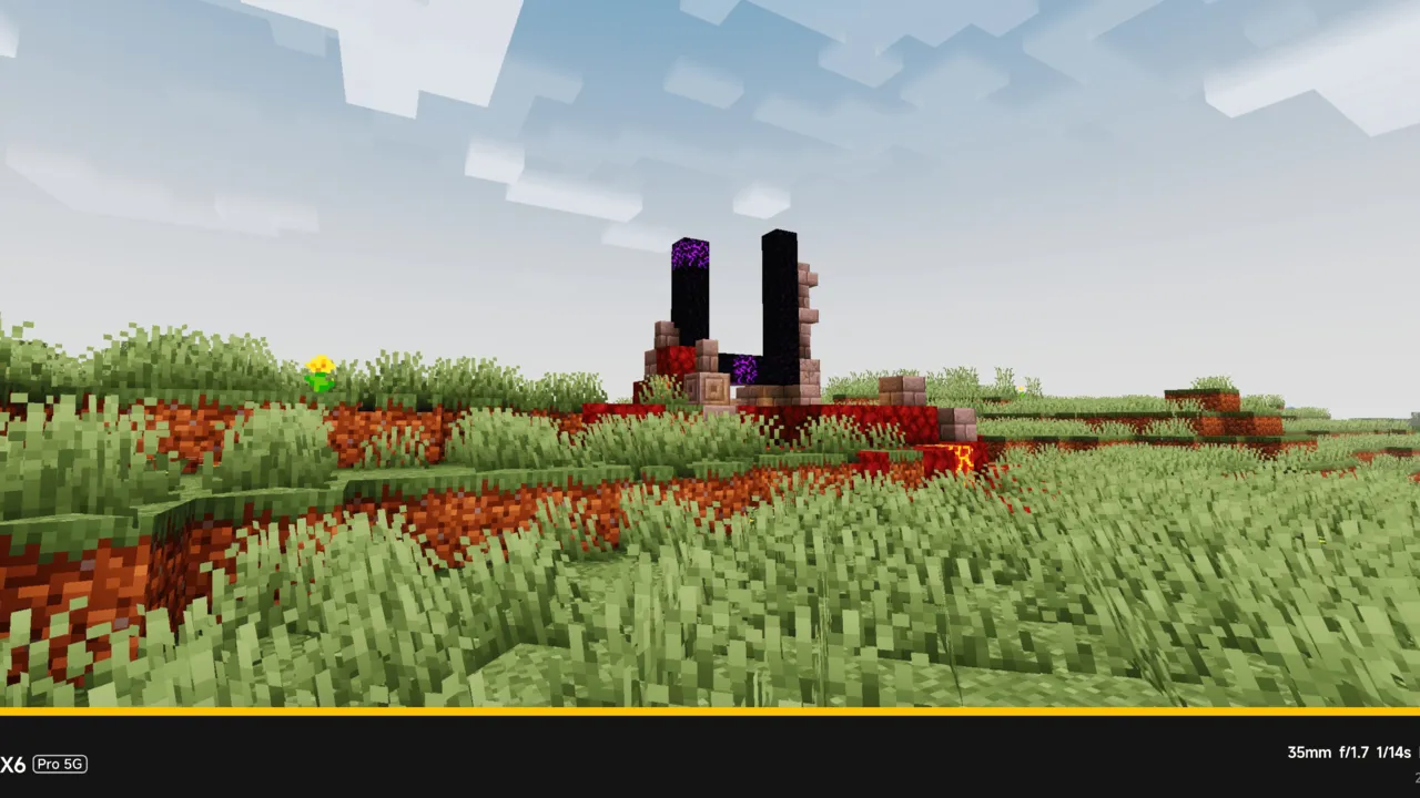 Newb x Flamingo shader: Grass field with lava and obsidian pillars