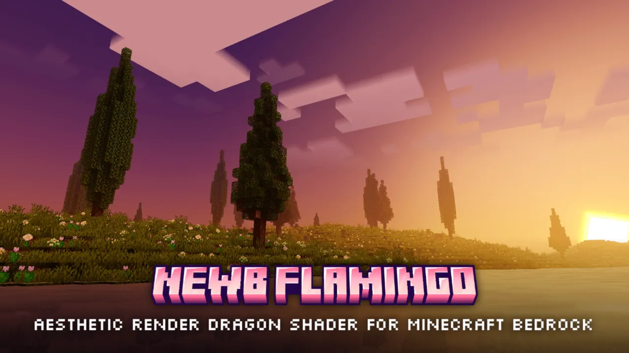 Newb x Flamingo shader for Minecraft PE: Sunset over trees with shader text