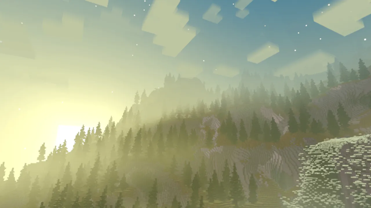 Newb X Stars Shader: Sunrise over forested mountains