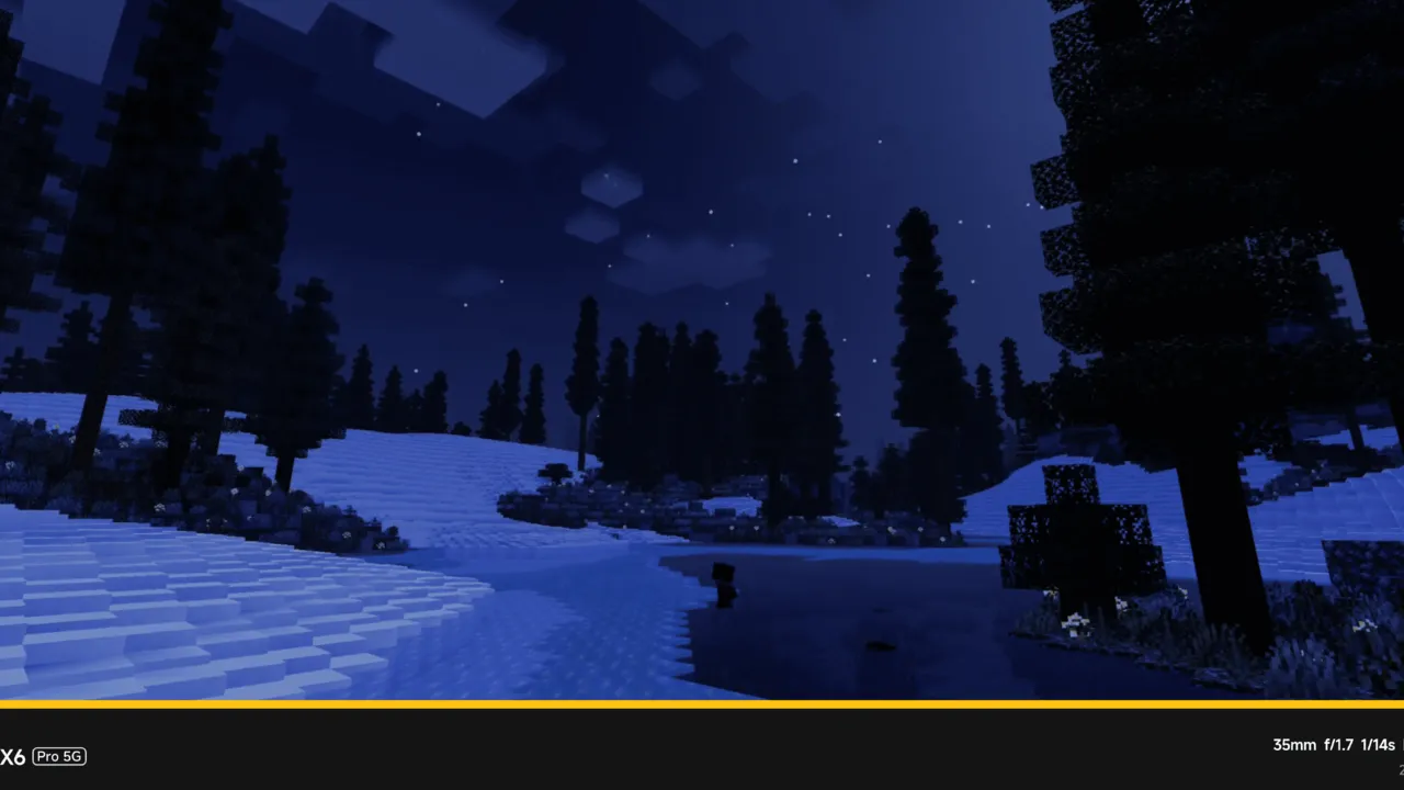 Newb x Unwind shader: Night scene with snowy trees and stars