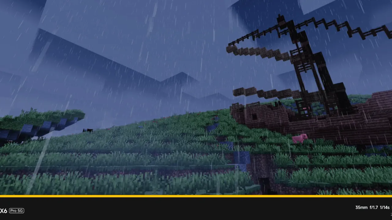 Newb x Unwind shader: Rainy landscape with pig and minecart track