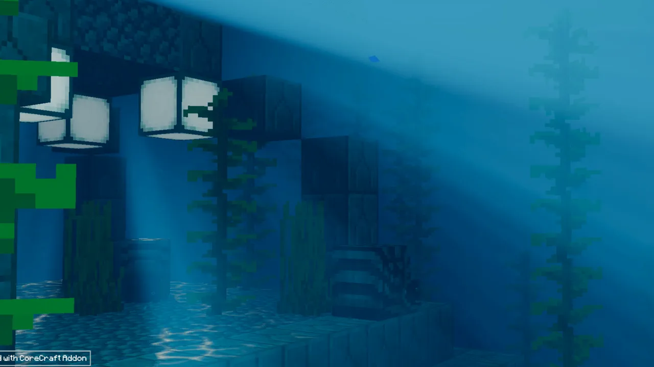 Odyssey Visuals shader: Underwater scene with glowing blocks and plants