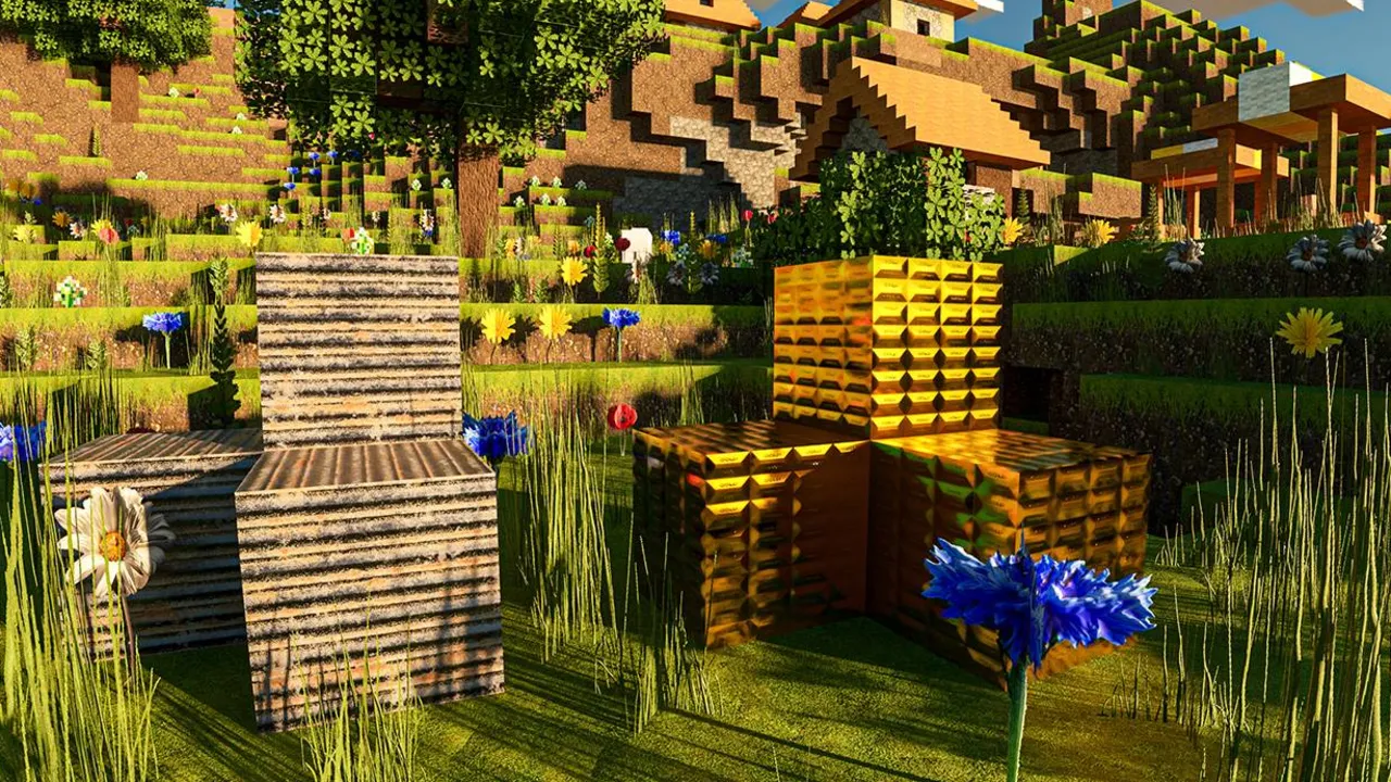 Optimum Realism shader for Minecraft PE: Sunlit grass with flowers and wooden structures
