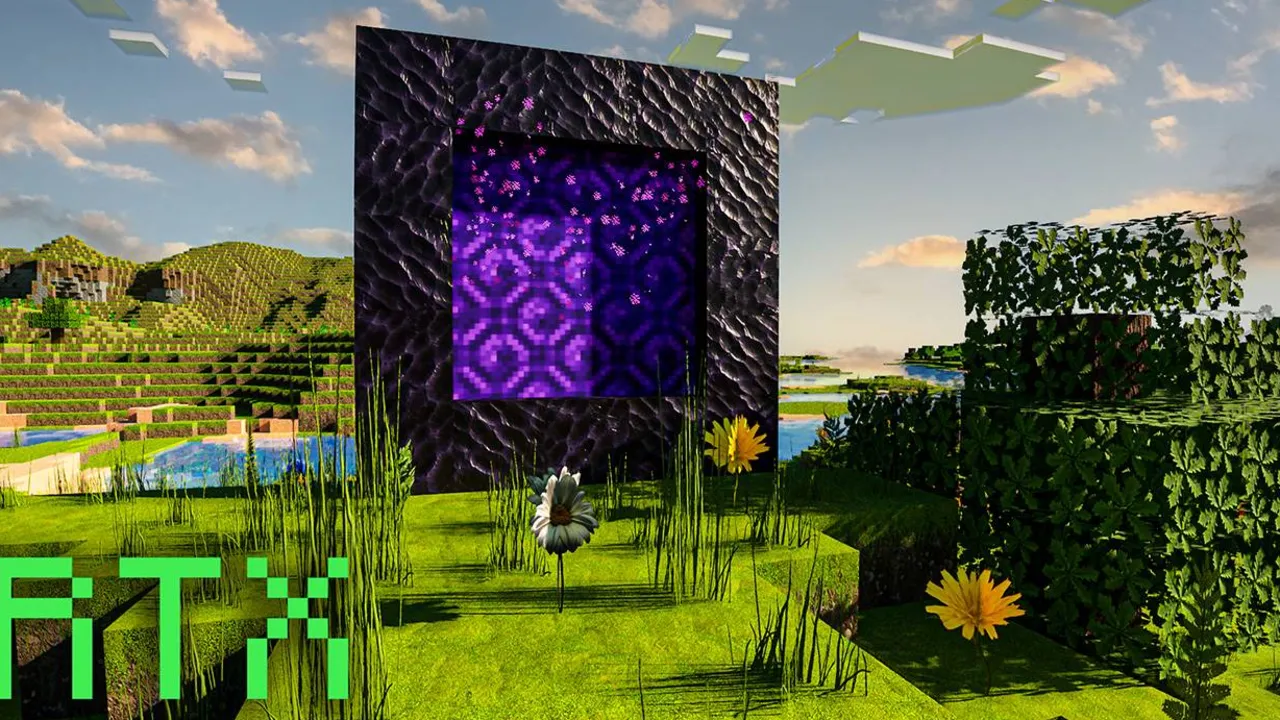 Optimum Realism shader: Purple portal in grassy field