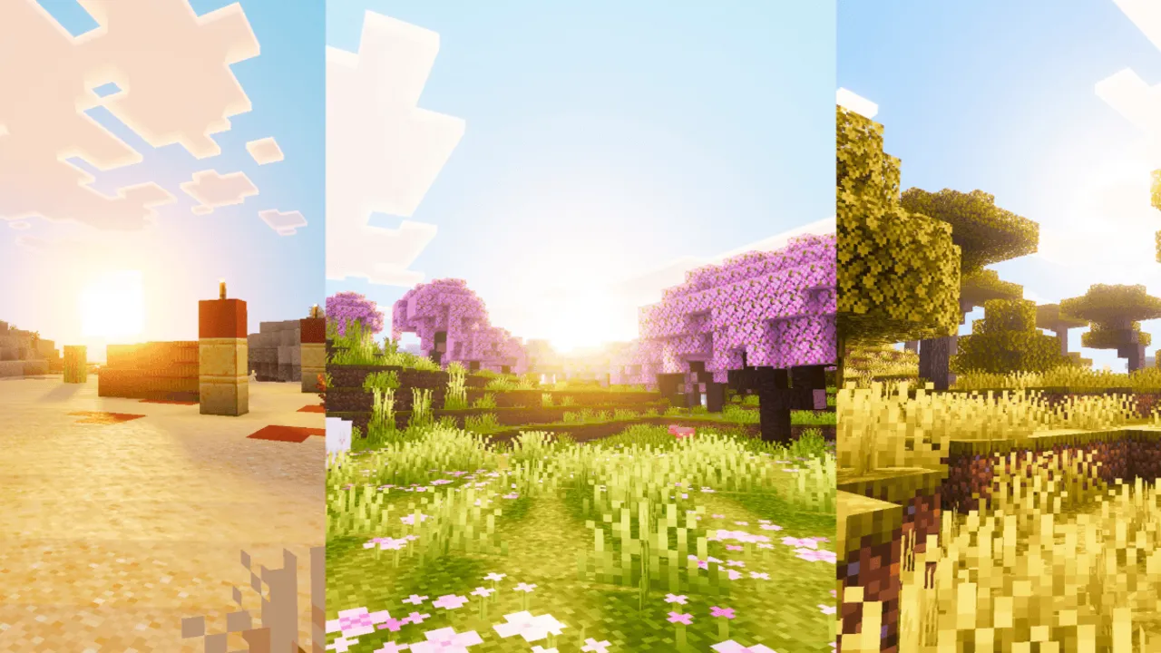 Phantom Visuals shader for Minecraft PE: Sunset over desert with trees and flowers