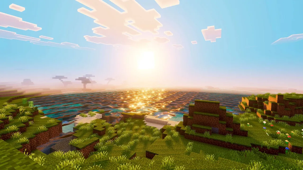 Phantom Visuals shader: Sunset over ocean with grassy hills