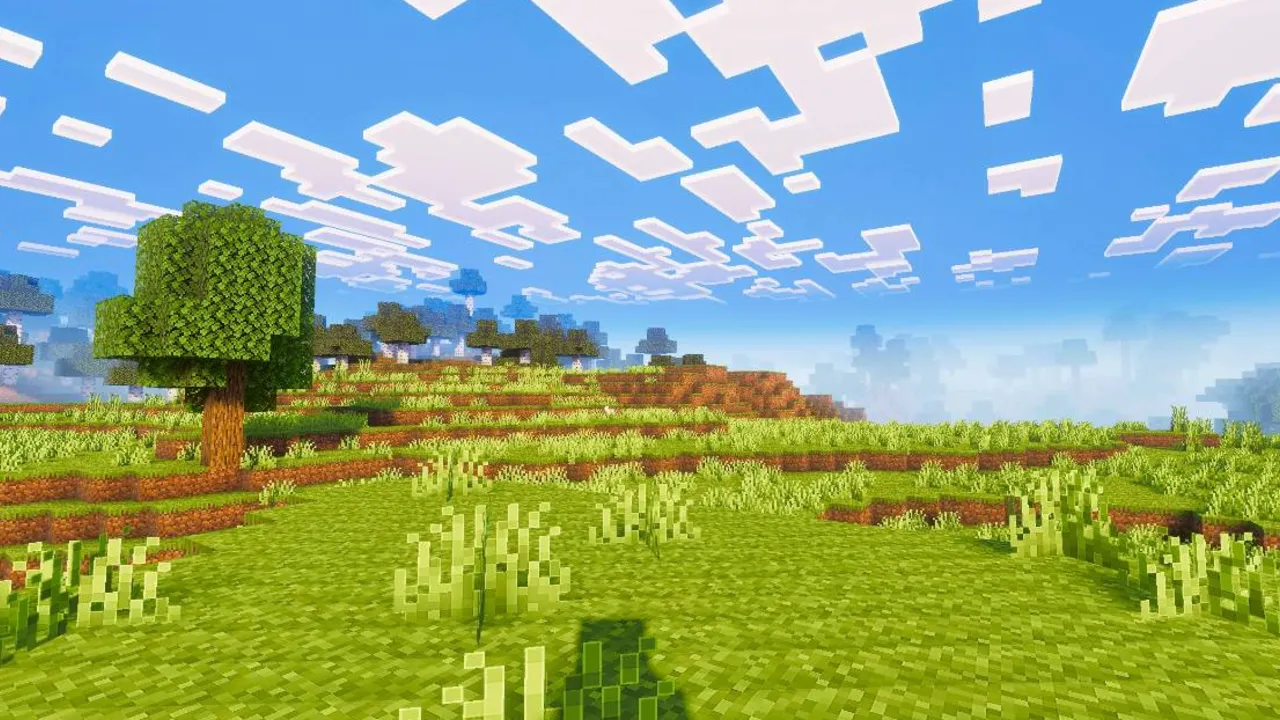Pixel Edge Visuals shader: Green grass field with trees and clouds
