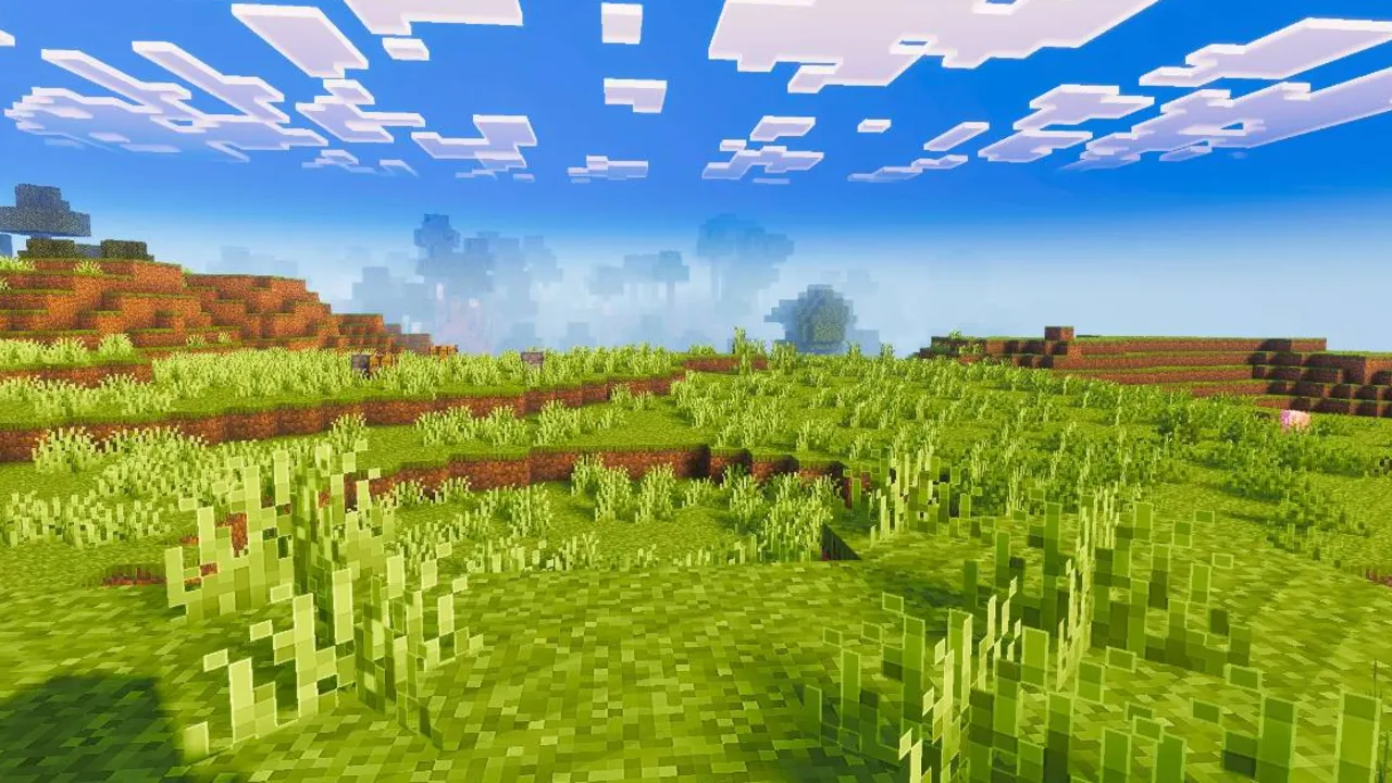 Pixel Edge Visuals shader: Green grassy hills under blue sky