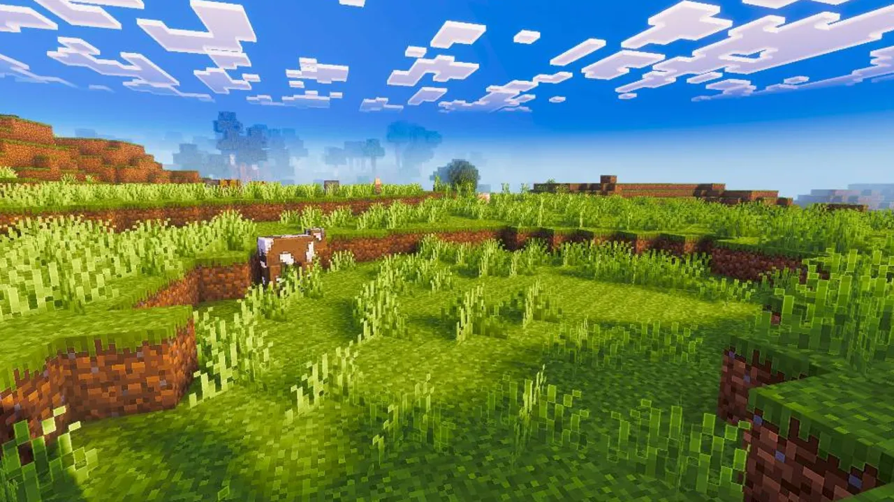 Pixel Edge Visuals shader: Green grassy hills with cow