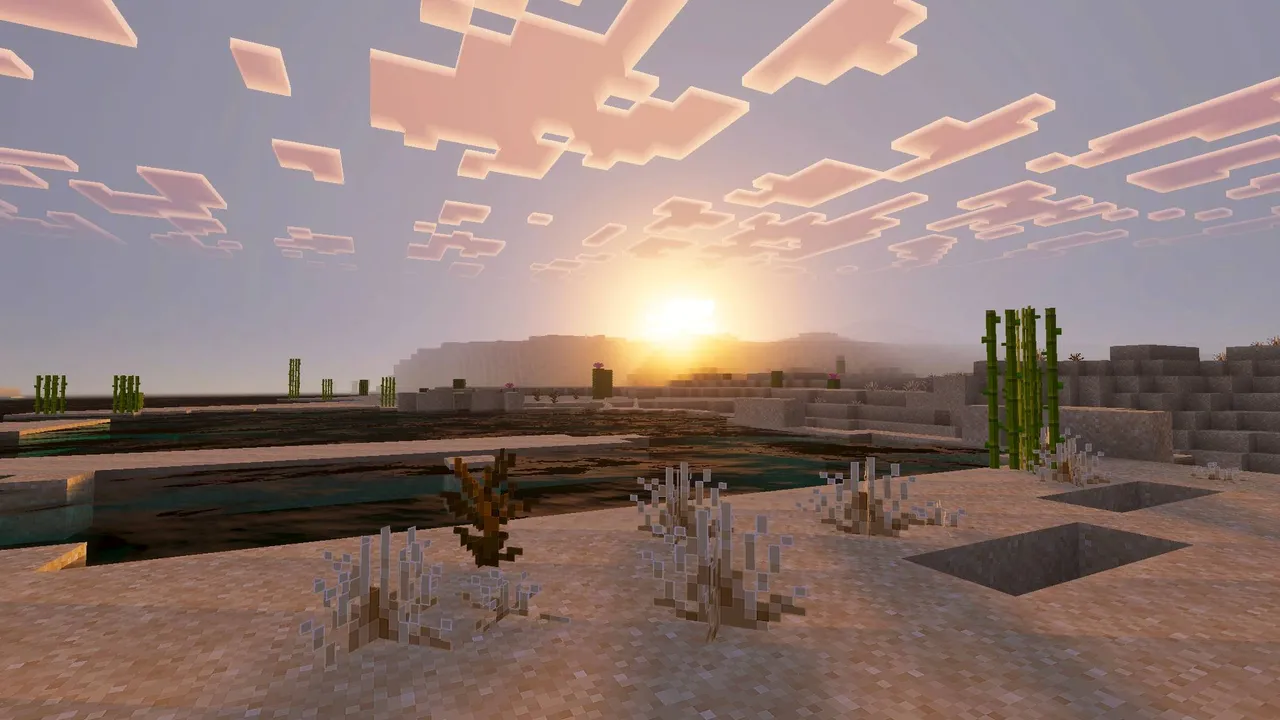 Pixel Edge Visuals shader: Sunset over desert with cacti and water