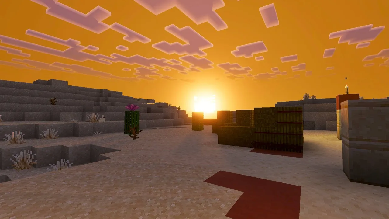 Pixel Edge Visuals shader: Sunset over desert with stone blocks and red carpet