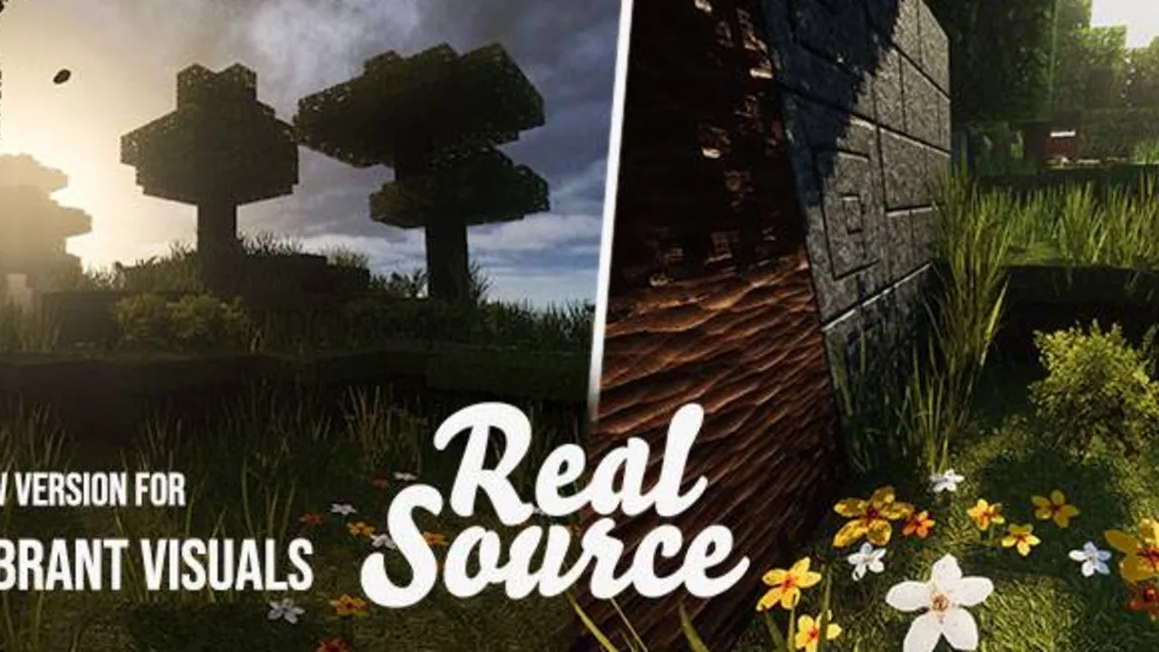 RealSource REALISTIC pack shader for Minecraft PE: Realistic trees and flowers near stone wall