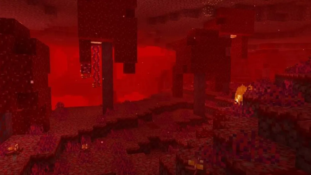 RG Shader: Red sky with glowing blocks and trees