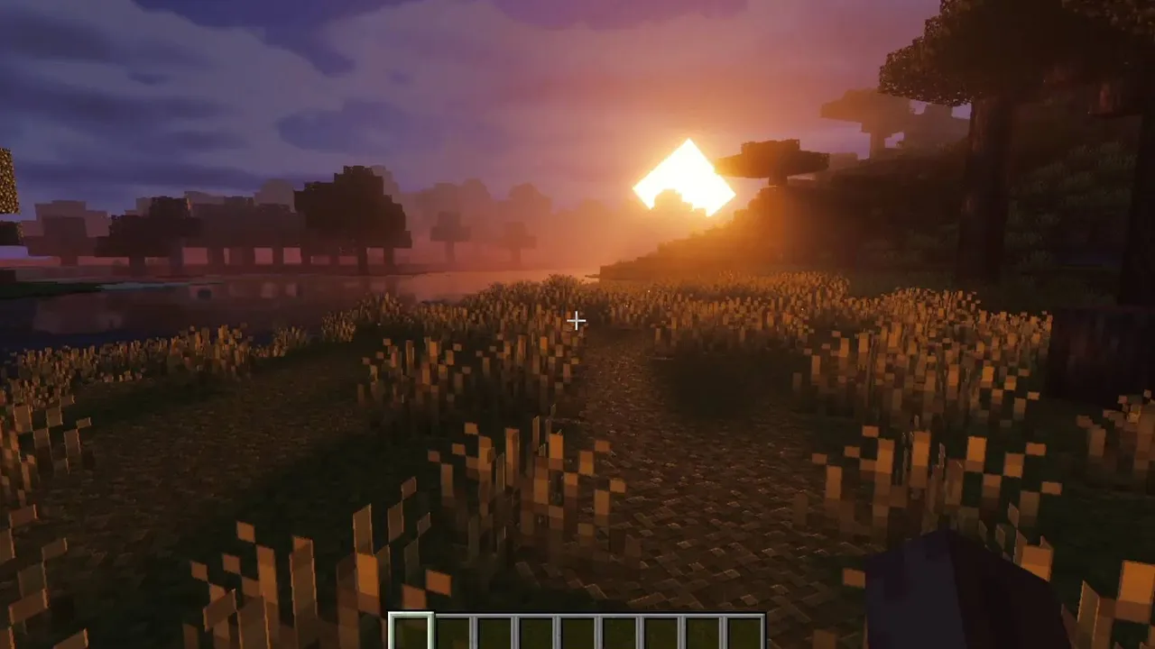 Simple Visuals shader: Sunset over grassy field with trees