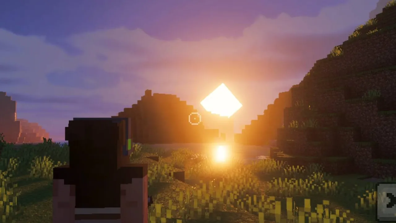 Simple Visuals shader: Sunset over grassy hills with player character