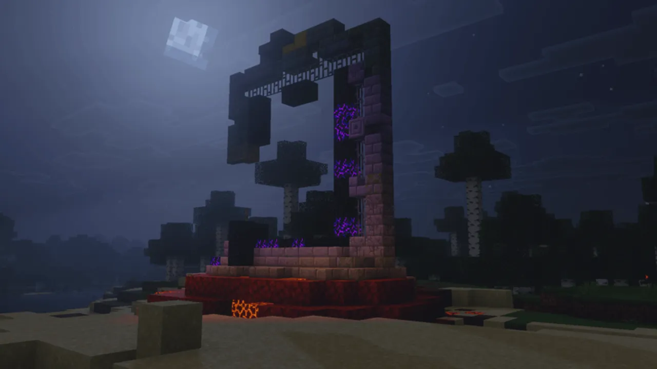Simplicity shader: Night scene with glowing purple blocks and red platform