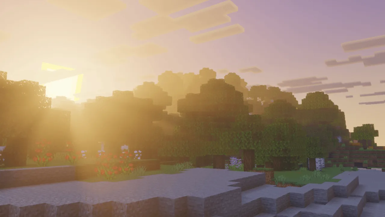 Simplicity shader: Sunset over forest with flowers and stone steps