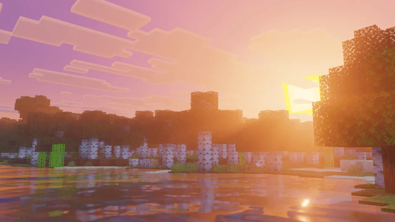 Simplicity shader: Sunset over water with trees and buildings