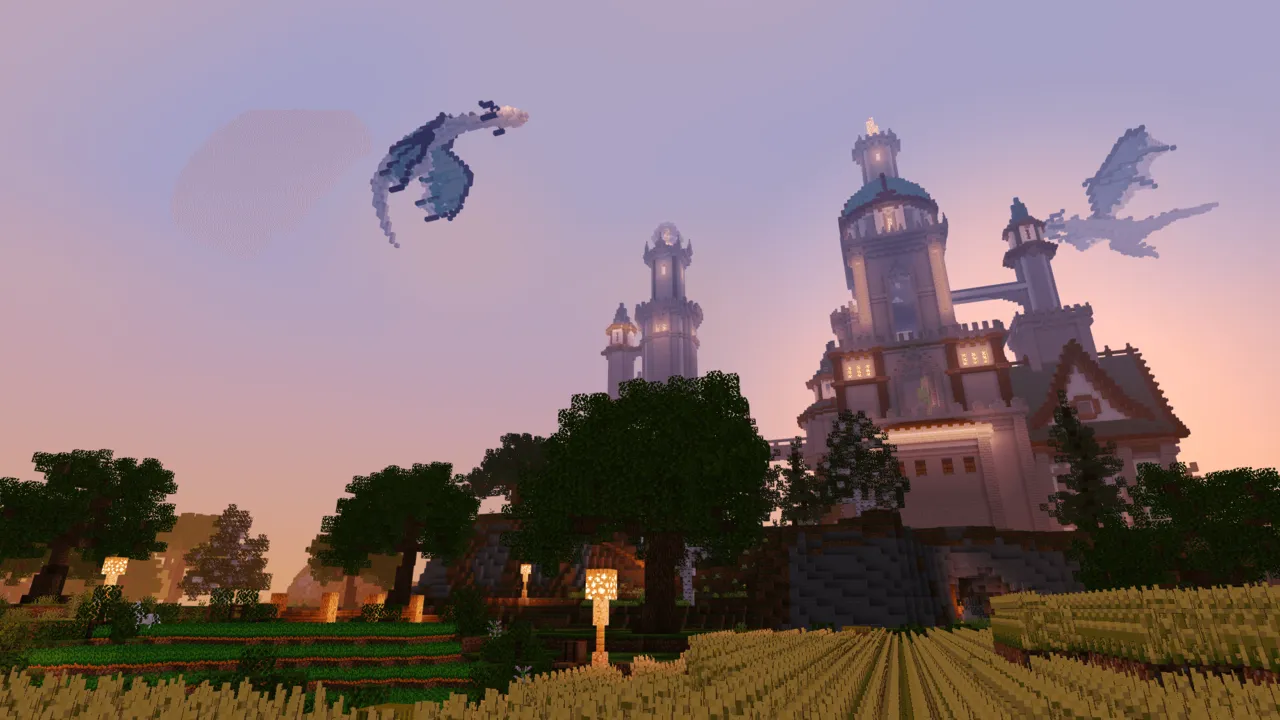 SmooTea Shader: Castle with dragons flying at sunset