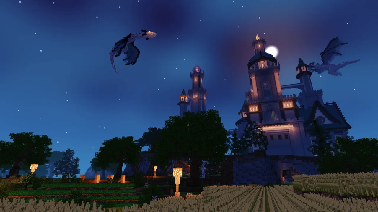 SmooTea Shader: Dragon flies over castle at night