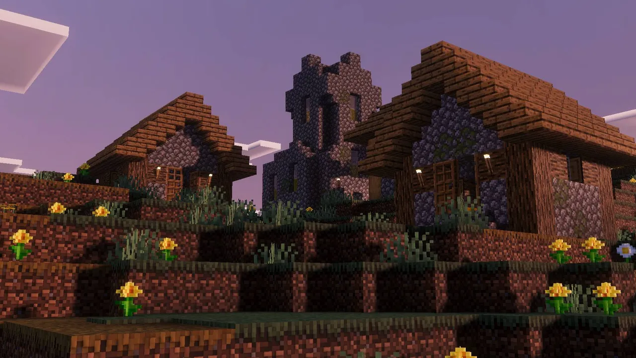 Solace shader: Houses on hill with flowers