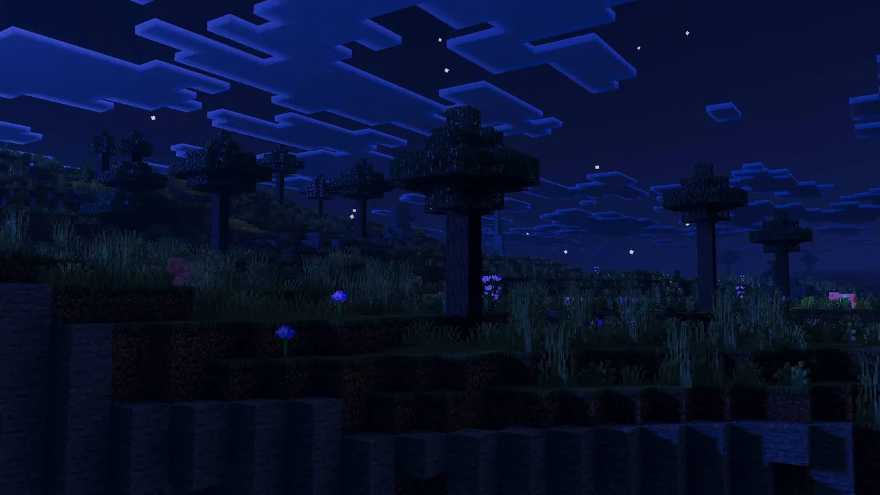 Solace shader: Night scene with glowing flowers and trees