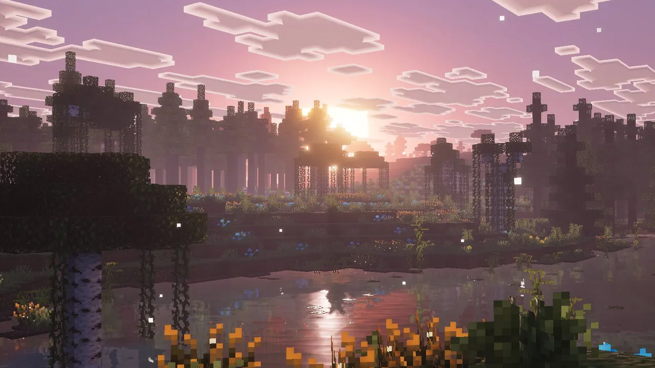 Solace shader: Sunset over a city with water and flowers