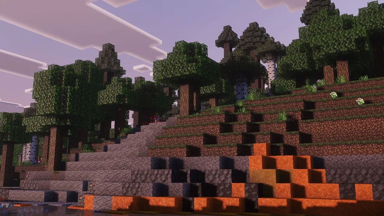 Solace shader: Trees on a hillside with glowing blocks