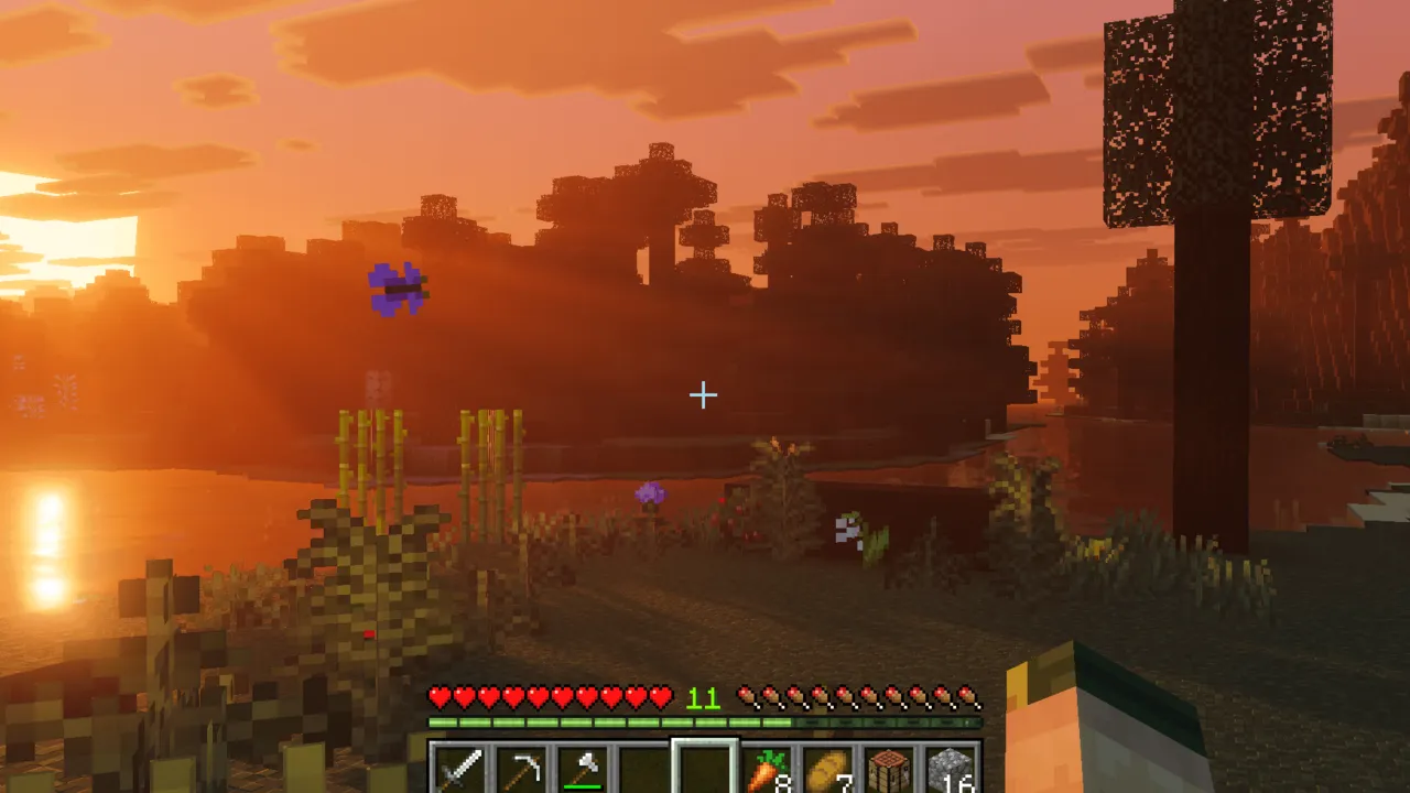 Solar Shaders for Minecraft PE: Sunset over water with glowing flowers