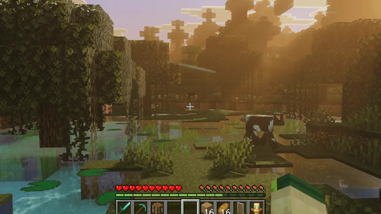 Solar Shaders: Sunset over swamp with water and trees