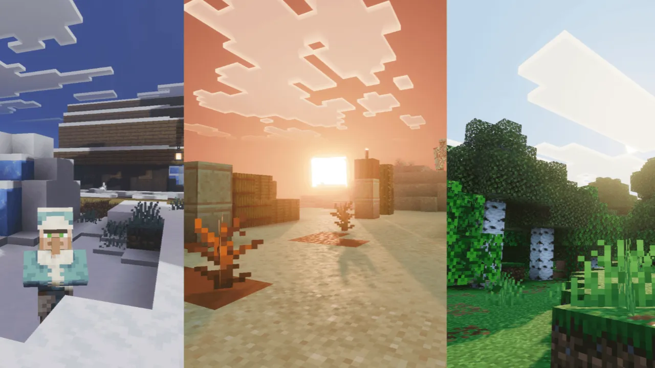 Solumn Visuals shader for Minecraft PE: 3 atmosphere profiles covering biomes and dimensions