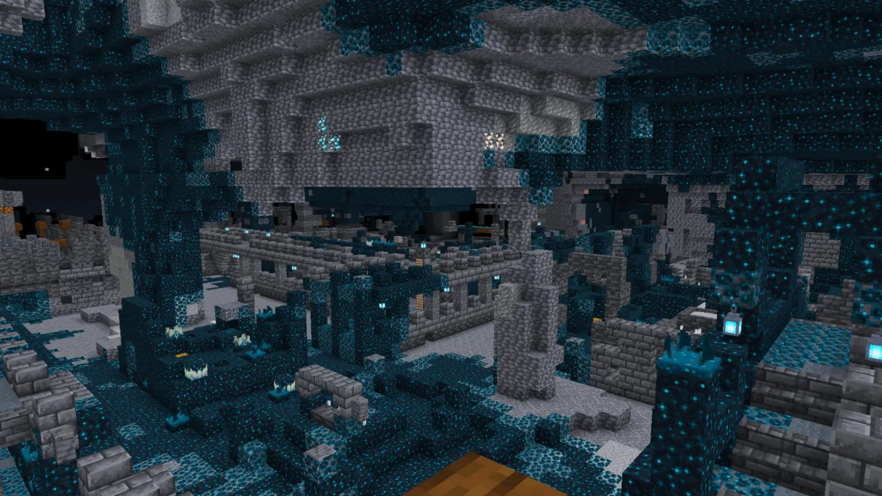 Ultimate Night Vision shader for Minecraft PE: Cave with glowing blue blocks