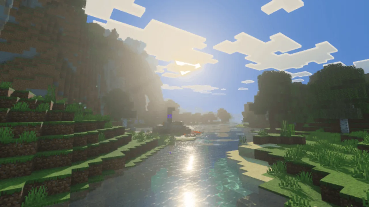 Ultra Vibrant Visuals for Vibrant Visuals shader for Minecraft PE: River with sunlit water and trees