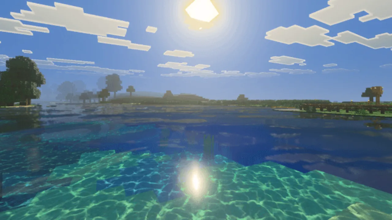 Ultra Vibrant Visuals for Vibrant Visuals shader: Sun over water with ripples and trees