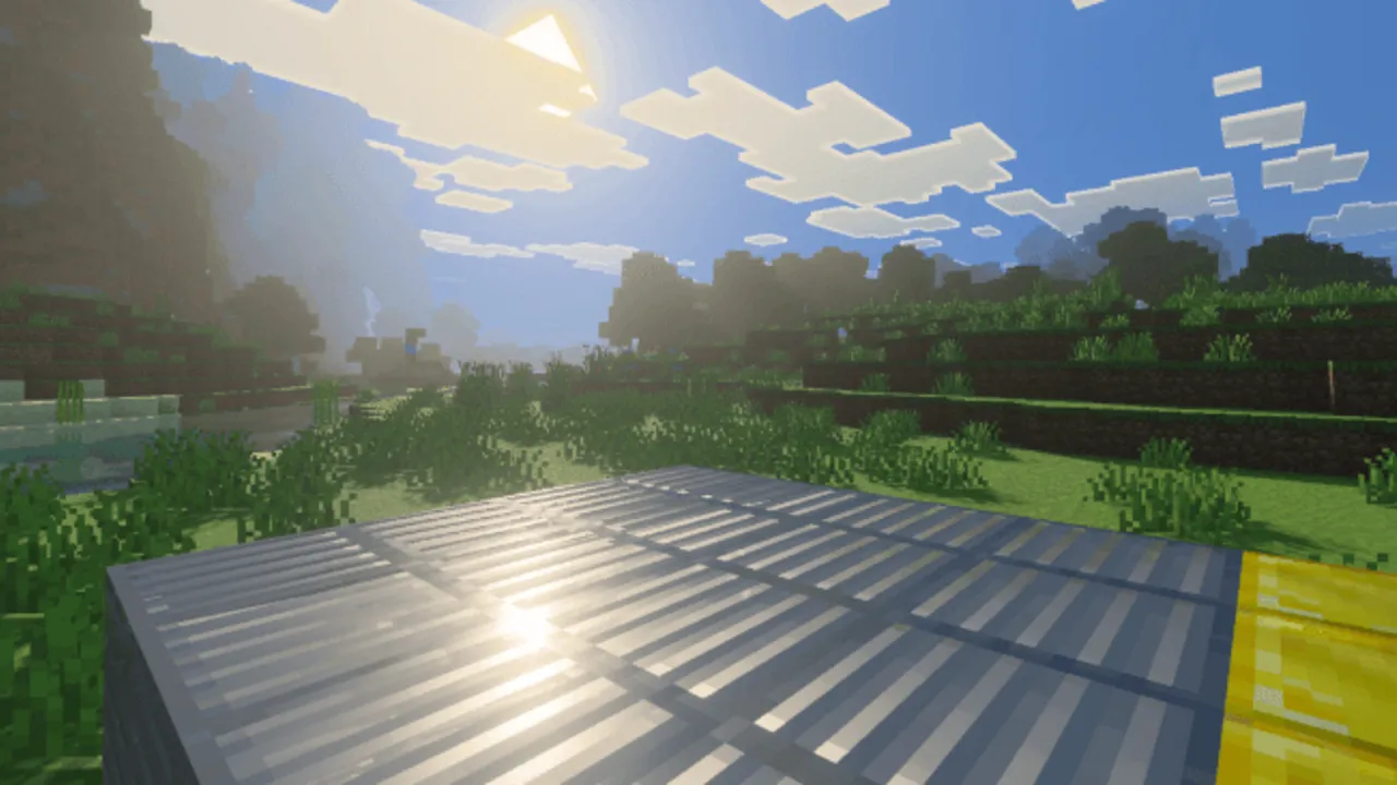 Ultra Vibrant Visuals for Vibrant Visuals shader: Sunlit field with water and trees
