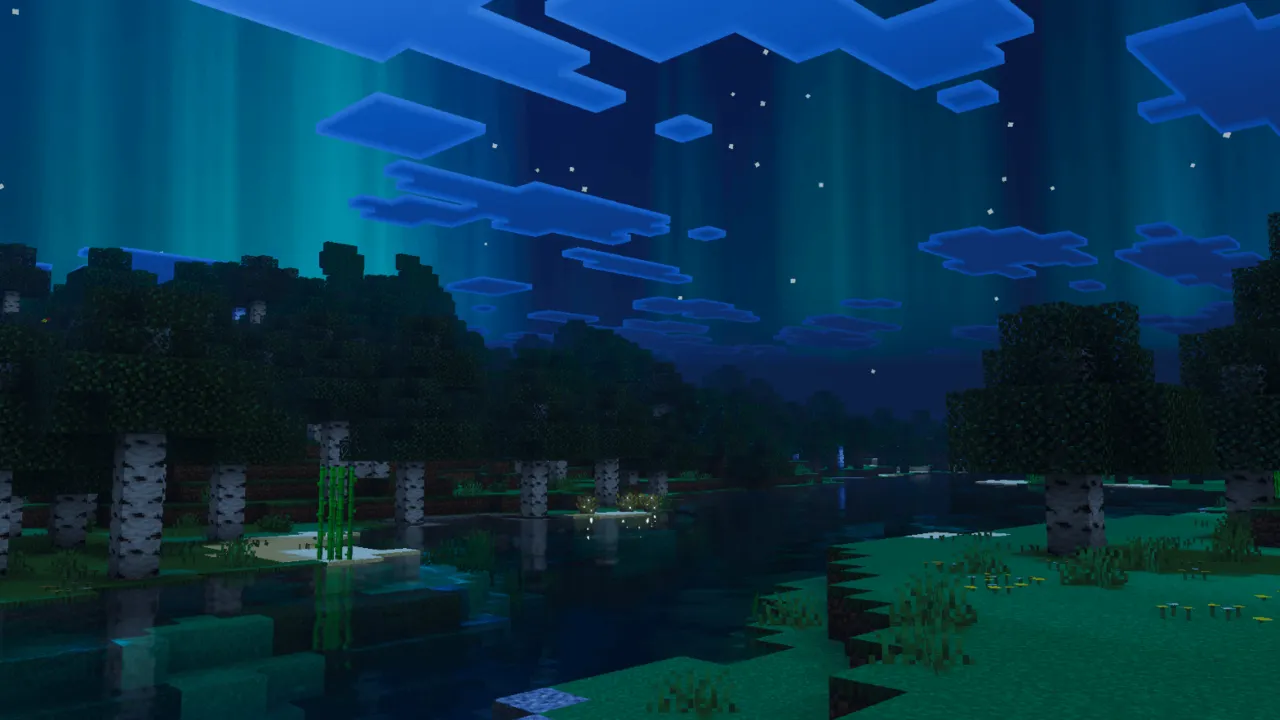 Unbound Visuals shader: Night sky with aurora over forest and water