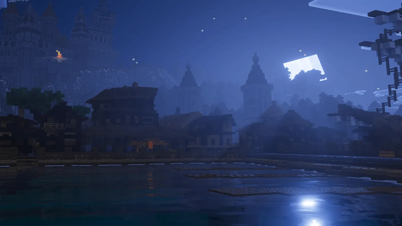Vanilla Reforged shader: Night scene with glowing water and distant buildings