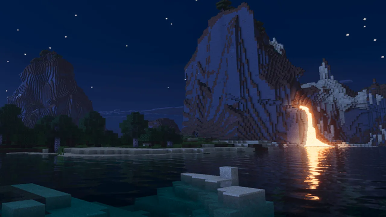 Vanilla Reforged shader: Night scene with waterfall and stars