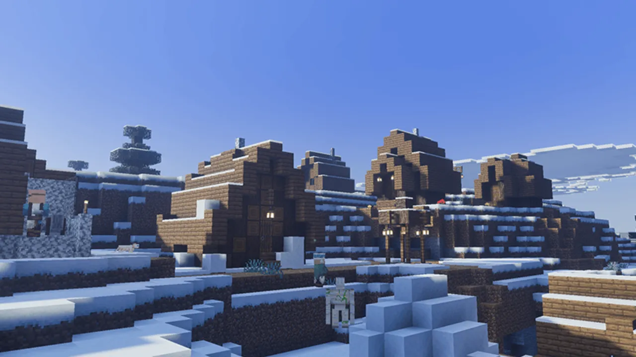 Vanilla Reforged shader: Snowy village with brick houses
